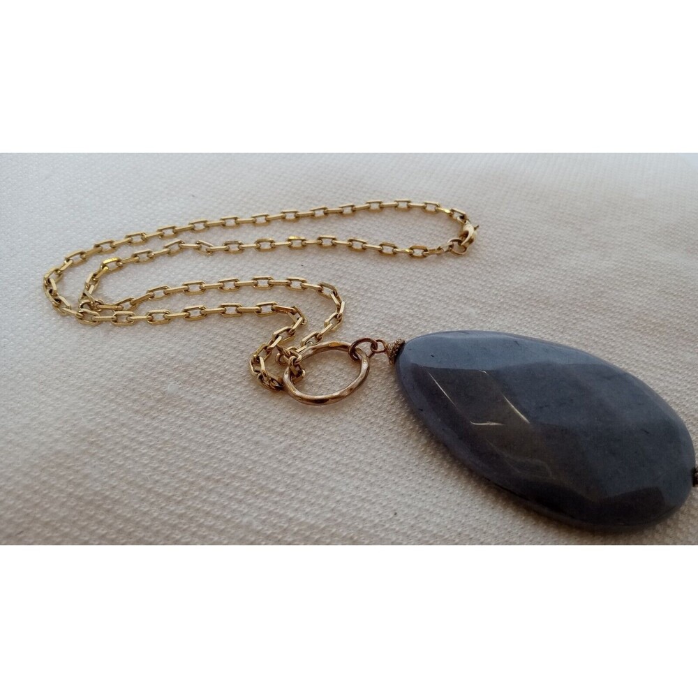 Big Beautiful Blue Aventurine Teardrop Amulet on Goldtone Chain Necklace 18"